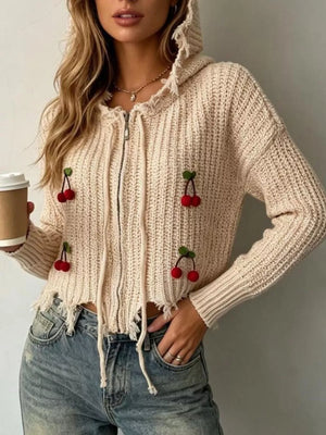 Cherry Knit Zip-up Hooded Sweater in Brown