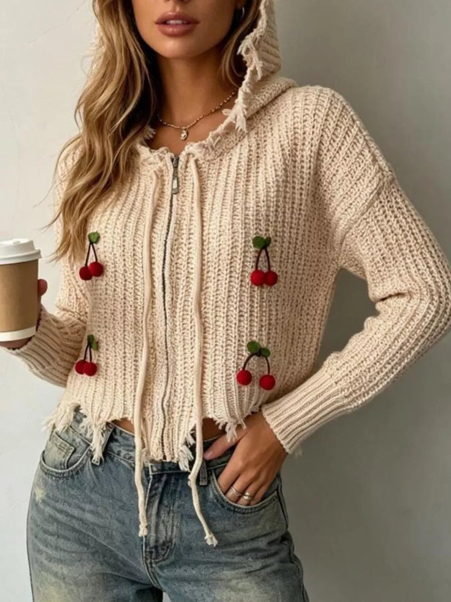Cherry Knit Zip-up Hooded Sweater in Brown