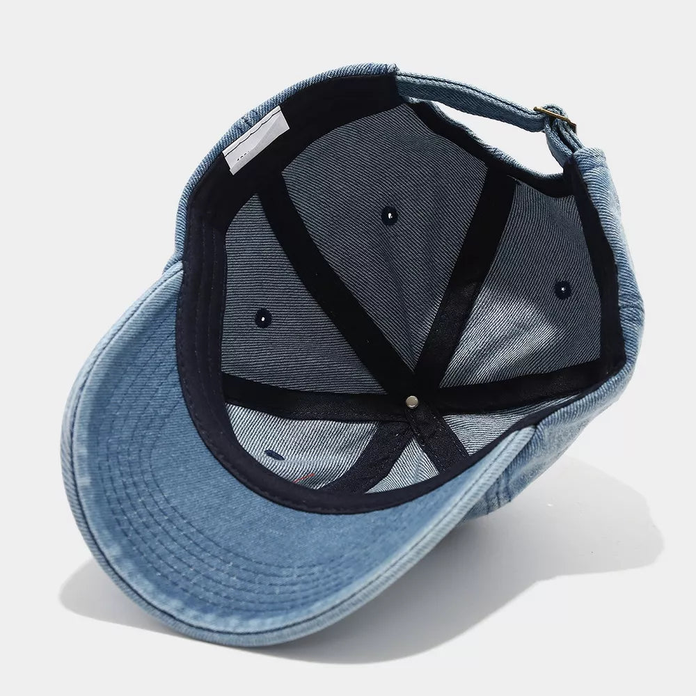 Cherry Embroidery Baseball Cap in light wash denim with embroidered detail