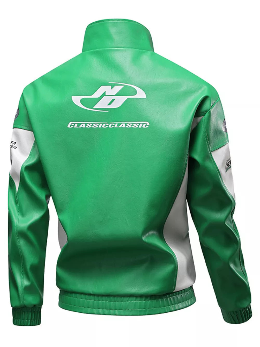 Green color block varsity jacket with white accents and graphic logo on back.