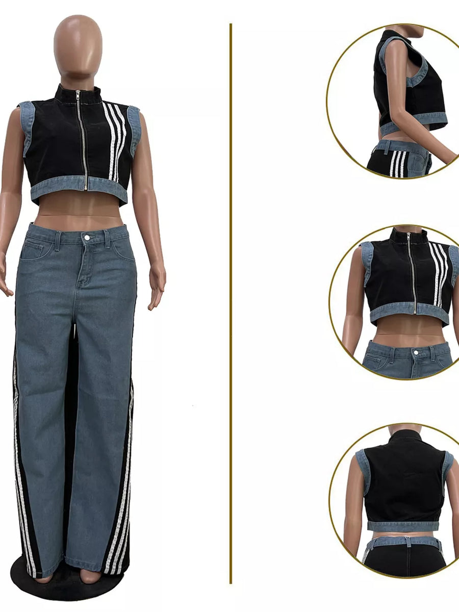 Chic zip-front crop top and wide-leg pants set with side stripes.