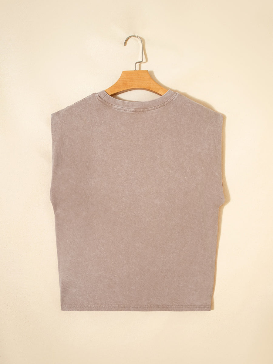 Khaki acid-washed cotton tank top with a crew neck and sleeveless cut.