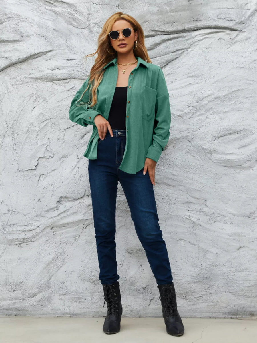 Classic corduroy button-up overshirt in Peacock Green, featuring a relaxed fit and chest pocket.