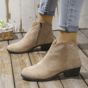 Khaki suede western ankle boots with white embroidery and side zipper
