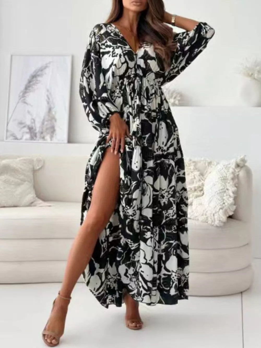 Printed V-neck Balloon Sleeve Maxi Dress in Black