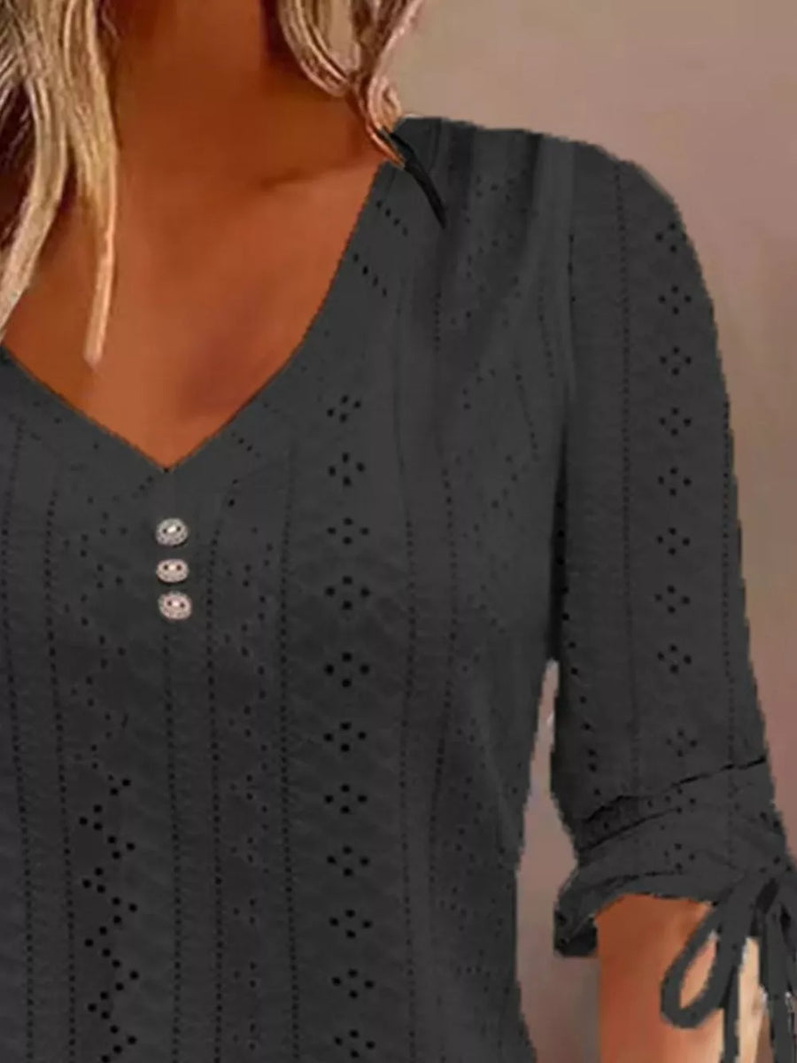 Full Size V-neck Eyelet Drawstring Sleeve Top in Pink