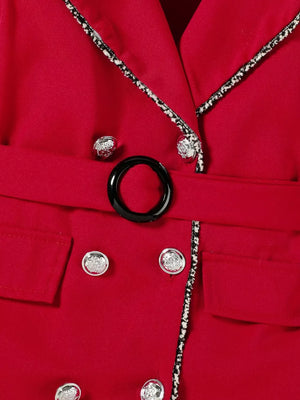 Wine Red toddler dress with double-breasted detail, belt, and silver buttons.