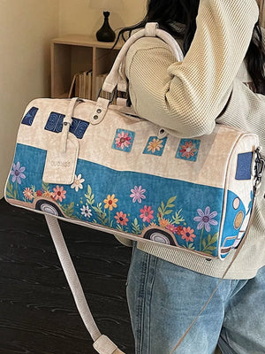Flower Power Large Duffel Bag with camper van and floral print, blue and cream colors