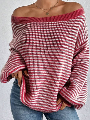 red pullover sweater with striped and off-shoulder