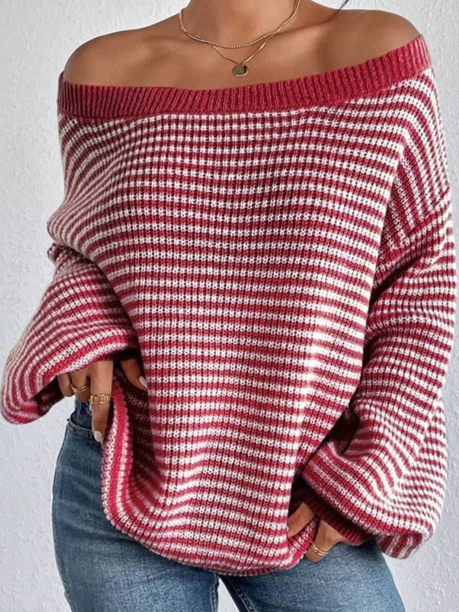 red pullover sweater with striped and off-shoulder