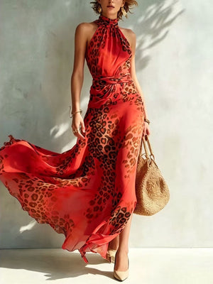 maxi dress in Green with leopard-print and ruched
