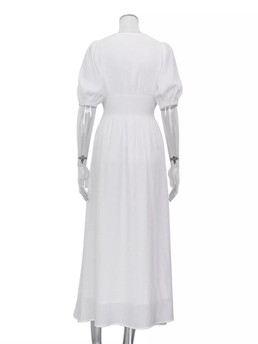 White puff sleeve midi dress with cinched waist