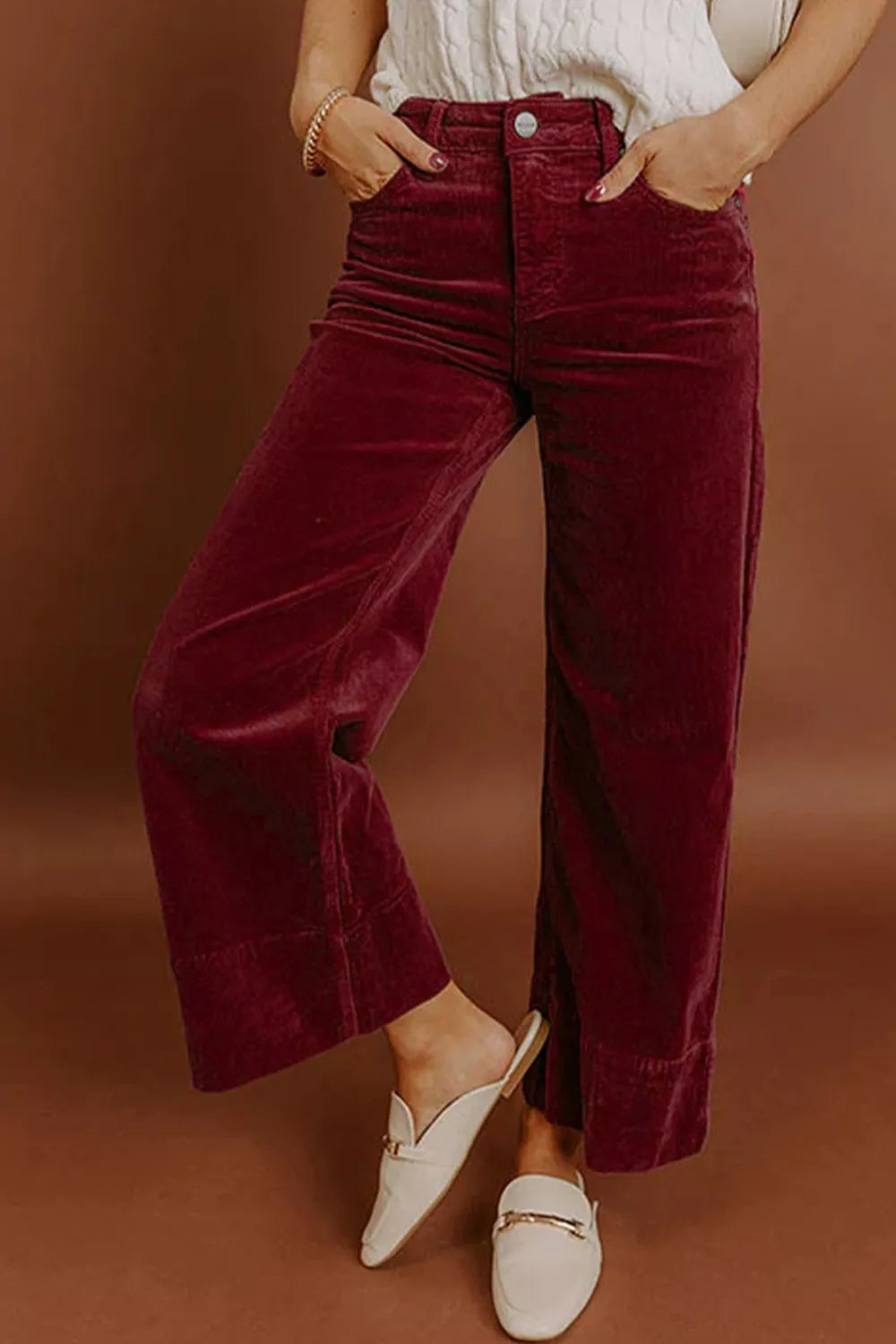 98% cotton, 2% elastane Care instructions: Machine wash cold wide-leg pants in Burgundy with flared silhouette