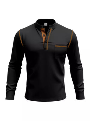 Black long sleeve Henley t-shirt with button placket, contrast trim and chest pocket.