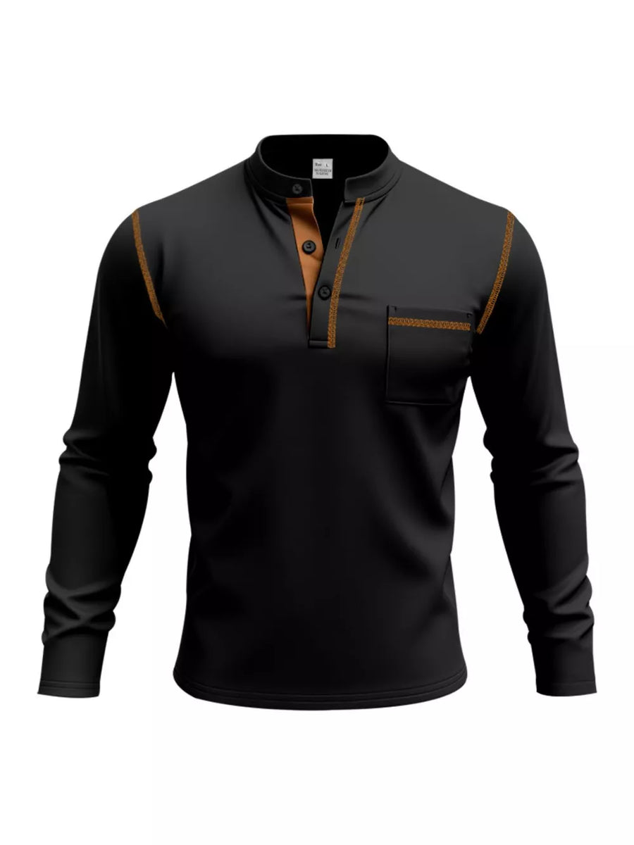 Black long sleeve Henley t-shirt with button placket, contrast trim and chest pocket.