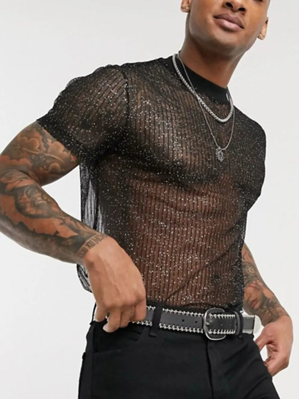 Black glitter mesh mock neck tee with vertical ribbing and short sleeves.