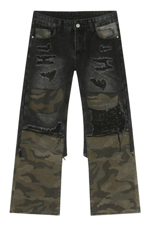 Distressed dark wash flare jeans with camo panels and rips.