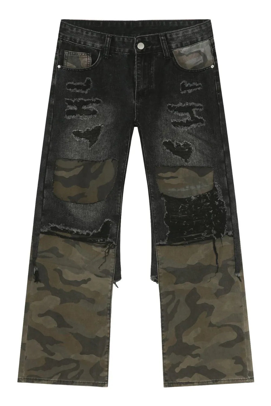 Distressed dark wash flare jeans with camo panels and rips.