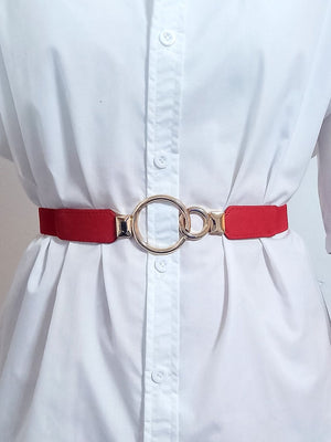 Red elastic belt with interlocked gold rings and buckle detail
