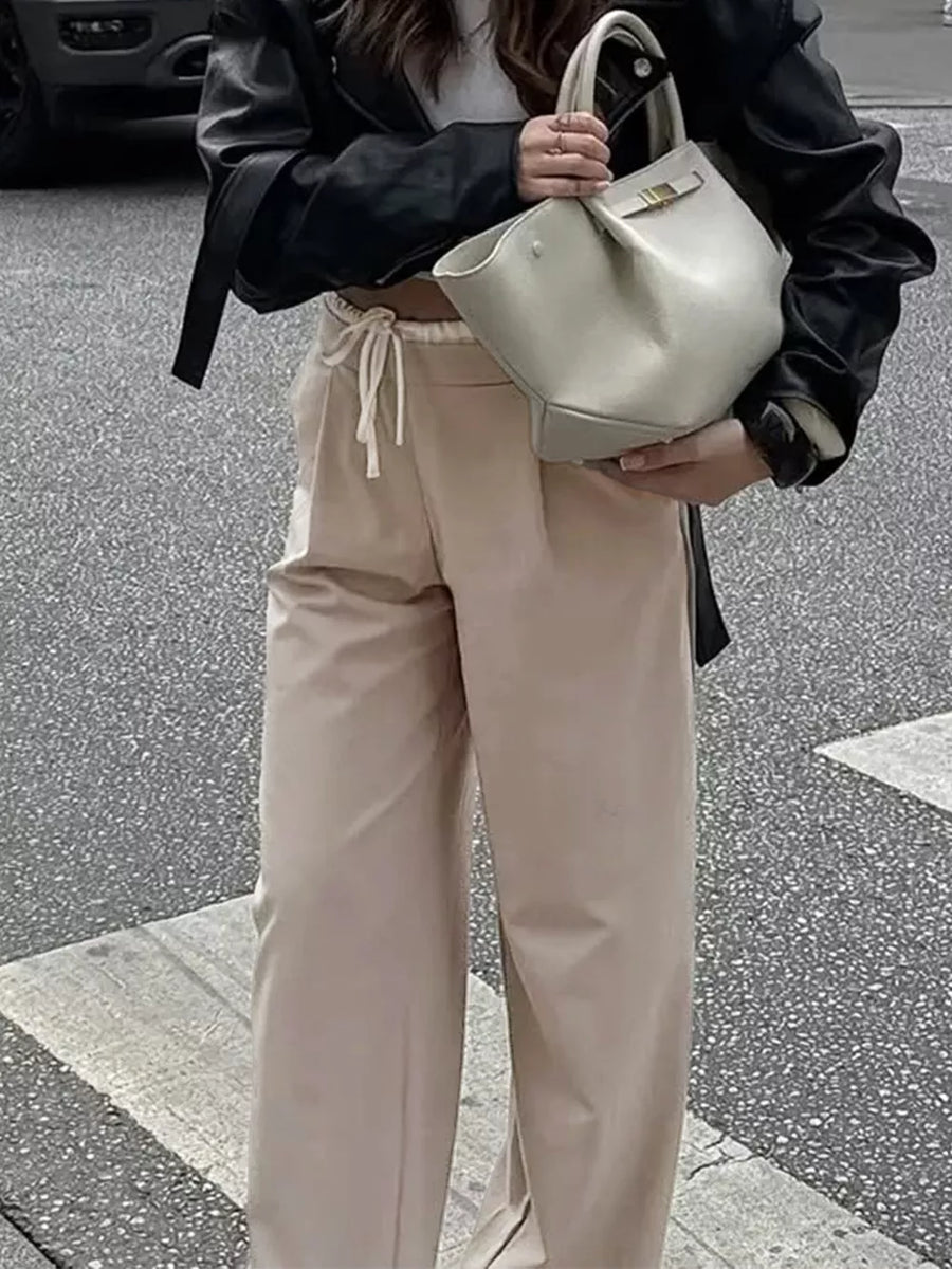 Khaki with Wide-leg Pants With Drawstring Waist