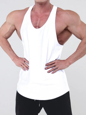 White scoop neck workout tank top with a relaxed fit.