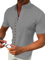 Mandarin collar henley shirt in dark gray with a button-up front and short sleeves.