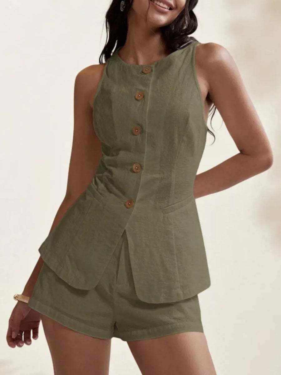Army green cotton two-piece set with decorative buttons and shorts.