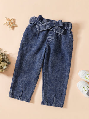 Baby acid-wash denim jeans with paperbag waist and tie, split hem