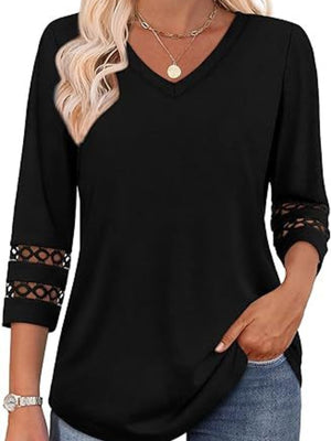 Black 3/4 sleeve V-neck t-shirt with cutout detail on sleeves.