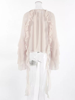 blouse in Eggshell with tied and hip-length