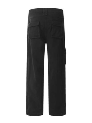 Black utility pleated wide-leg cargo pants with back pockets
