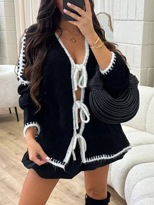 Tie Front Drop Shoulder Cardigan in Light Yellow