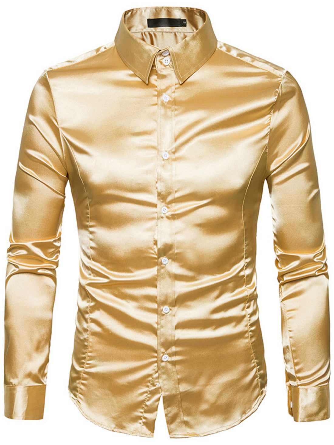 button-up shirt in gold featuring button cuffs and slim fit