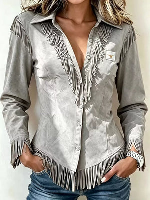 Apricot Full Size Fringed Collared Neck Shirt Plus Size