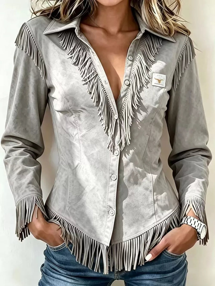 Apricot Full Size Fringed Collared Neck Shirt Plus Size