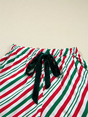 Velvet Ribbon Knot Pajama Set in Stripe pattern with a dark green velvet ribbon tie.
