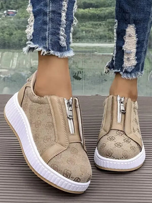 Logo print zip-up platform sneakers in tan with a white platform sole.