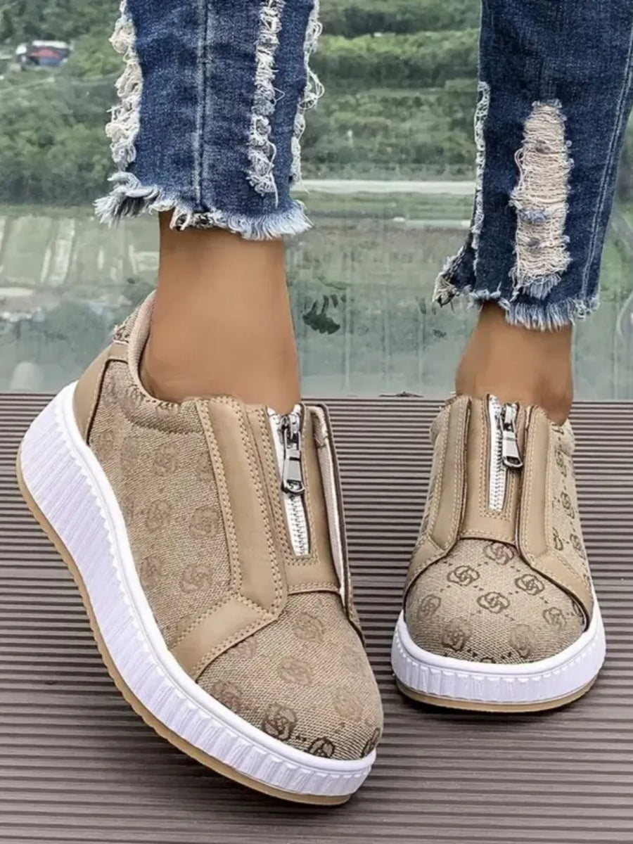 Logo print zip-up platform sneakers in tan with a white platform sole.