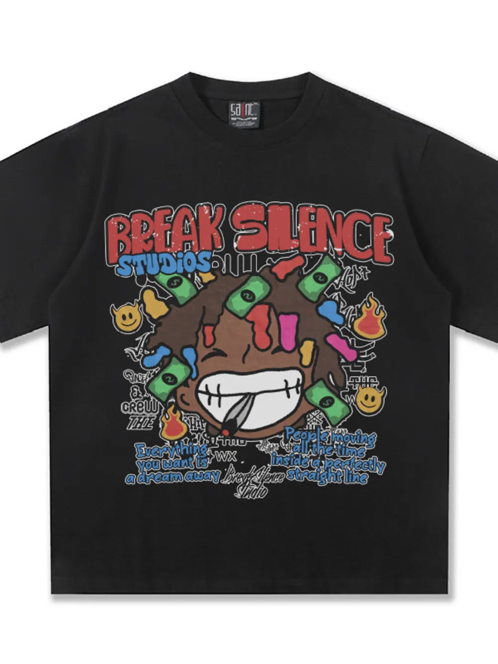 Black cotton blend graphic tee with bold "Break Silence Studios" print and cartoon art.