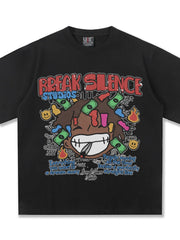 Black cotton blend graphic tee with bold "Break Silence Studios" print and cartoon art.