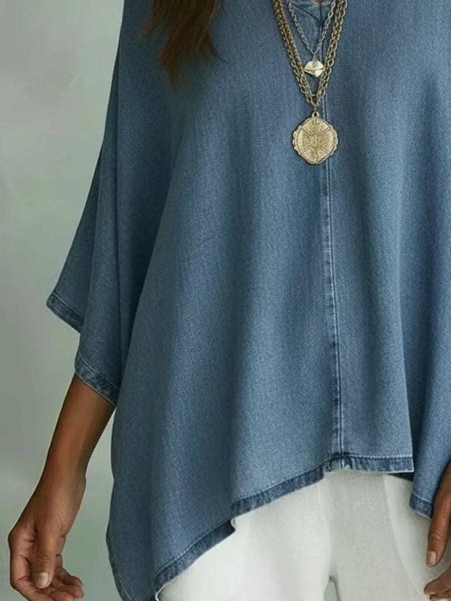 Purple V-neck Batwing Sleeve T-shirt