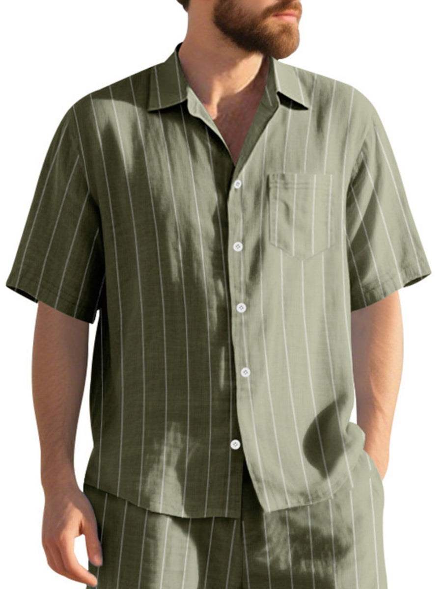 Olive striped cotton camp collar shirt with short sleeves and chest pocket.