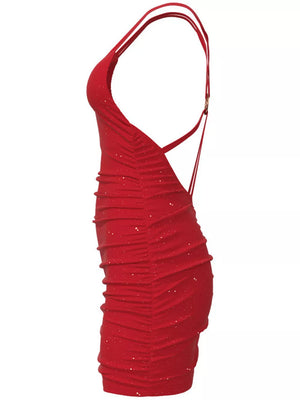 mini dress in burgundy with glitter and ruched