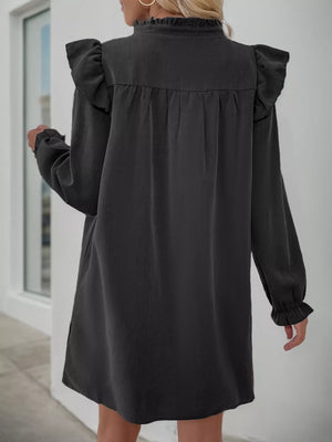 Dark gray ruffled notched sleeve dress with a high neckline and long sleeves.