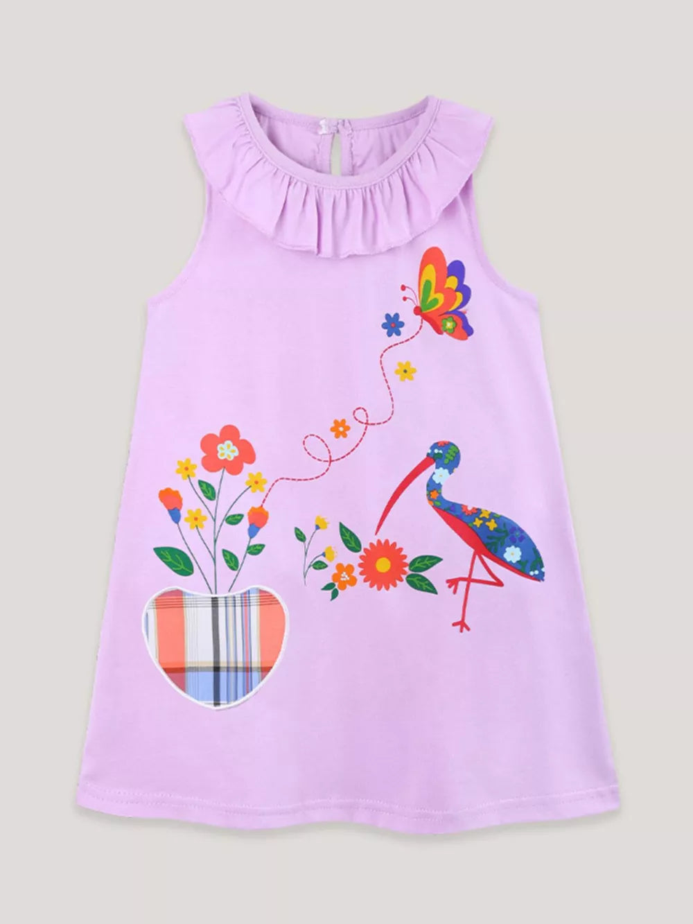 Lavender cotton baby dress with floral bird and butterfly print, ruffle collar.