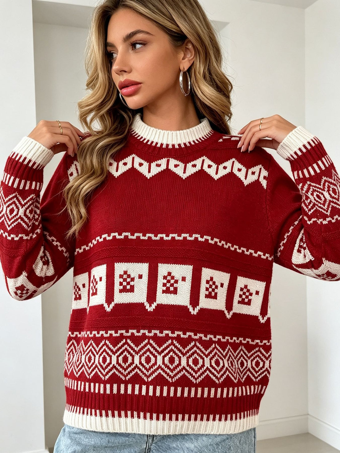 red crewneck sweater with Fair Isle and crew neck