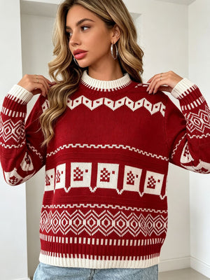 red crewneck sweater with Fair Isle and crew neck