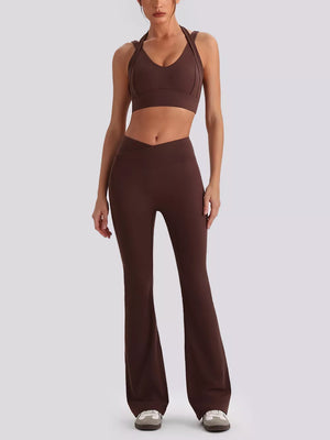 Dark Brown fitted activewear set with v-neck