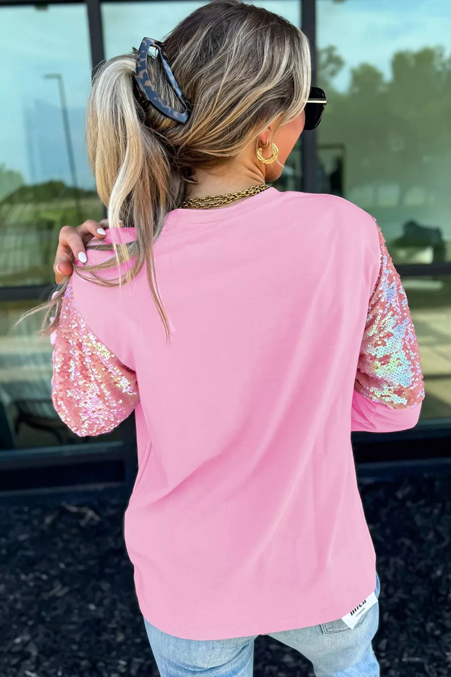 Long Sleeve Sequin Round Neck Pullover Shirt in this colorway
