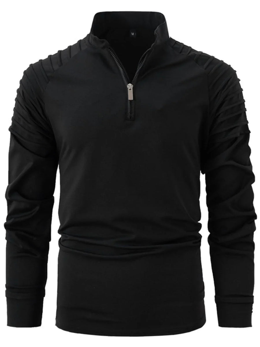 Black pullover sweater with zip-neck and pleated shoulder detail